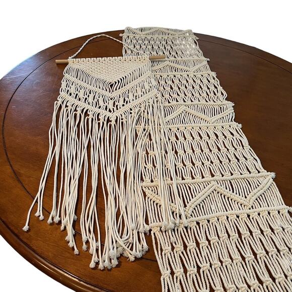 Vintage Macrame Wall Hanging and Table Runner Fringed Boho 60s 70s Home Decor - Picture 1 of 8